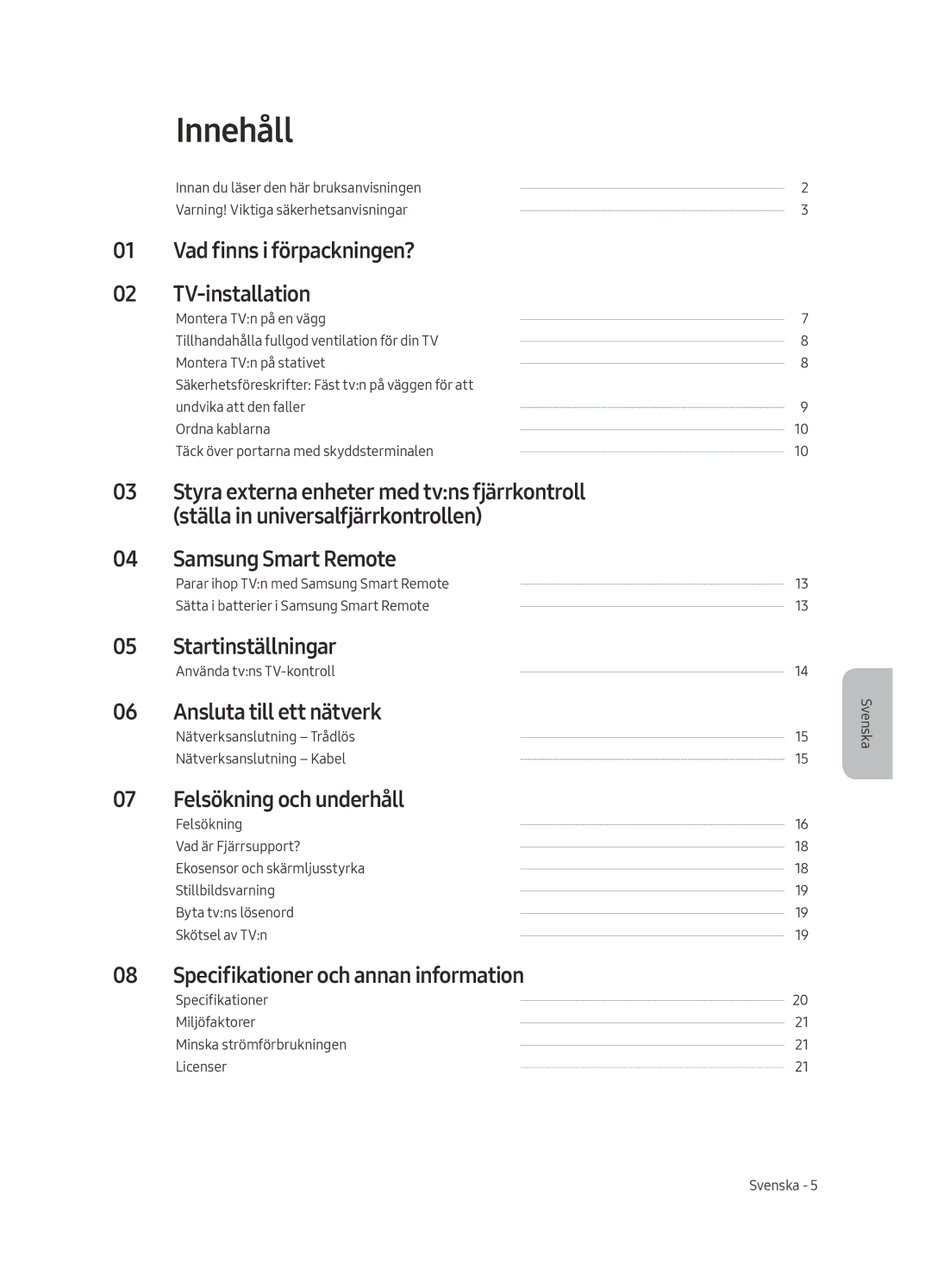 Samsung UE82MU7005TXXC, UE65MU7005TXXC, UE75MU7005TXXC, UE55MU7005TXXC, UE49MU7005TXXC manual Innehåll 