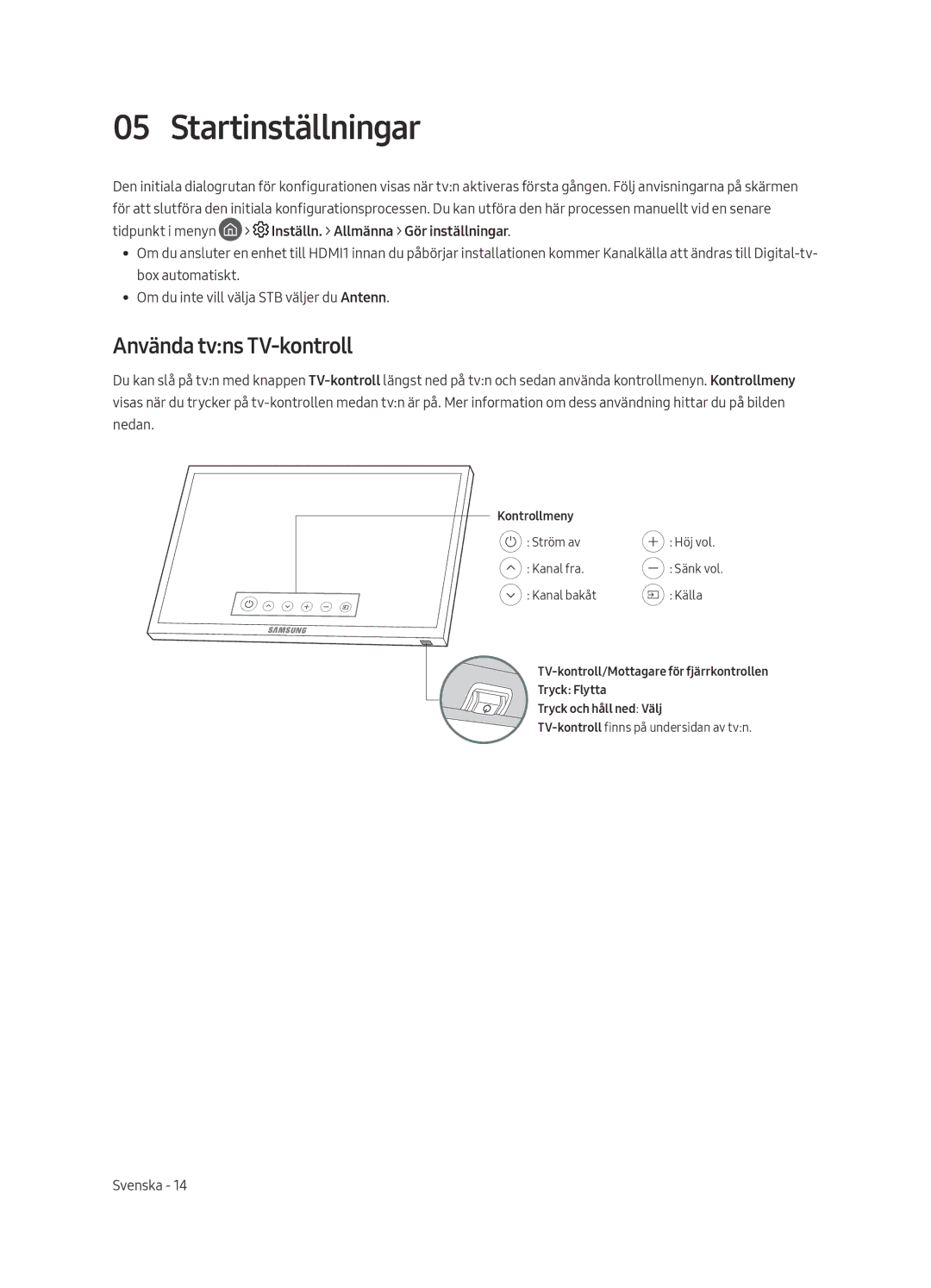 Samsung UE49MU7005TXXC, UE82MU7005TXXC, UE65MU7005TXXC, UE75MU7005TXXC manual Startinställningar, Använda tvns TV-kontroll 