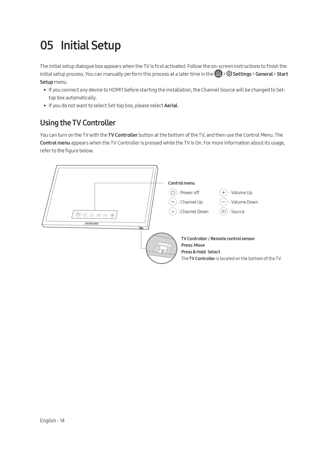 Samsung UE49MU7005TXXC, UE82MU7005TXXC, UE65MU7005TXXC, UE75MU7005TXXC, UE55MU7005TXXC Initial Setup, Using the TV Controller 