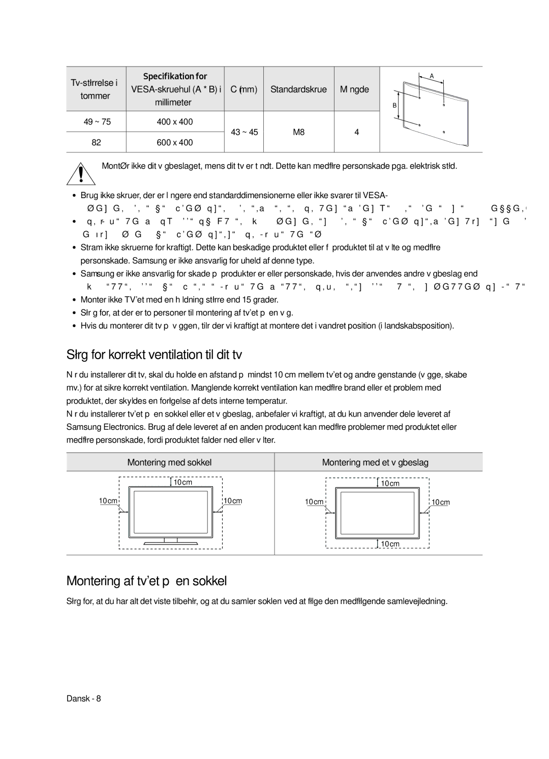 Samsung UE82MU7005TXXC manual Sørg for korrekt ventilation til dit tv, Montering af tvet på en sokkel, Specifikation for 