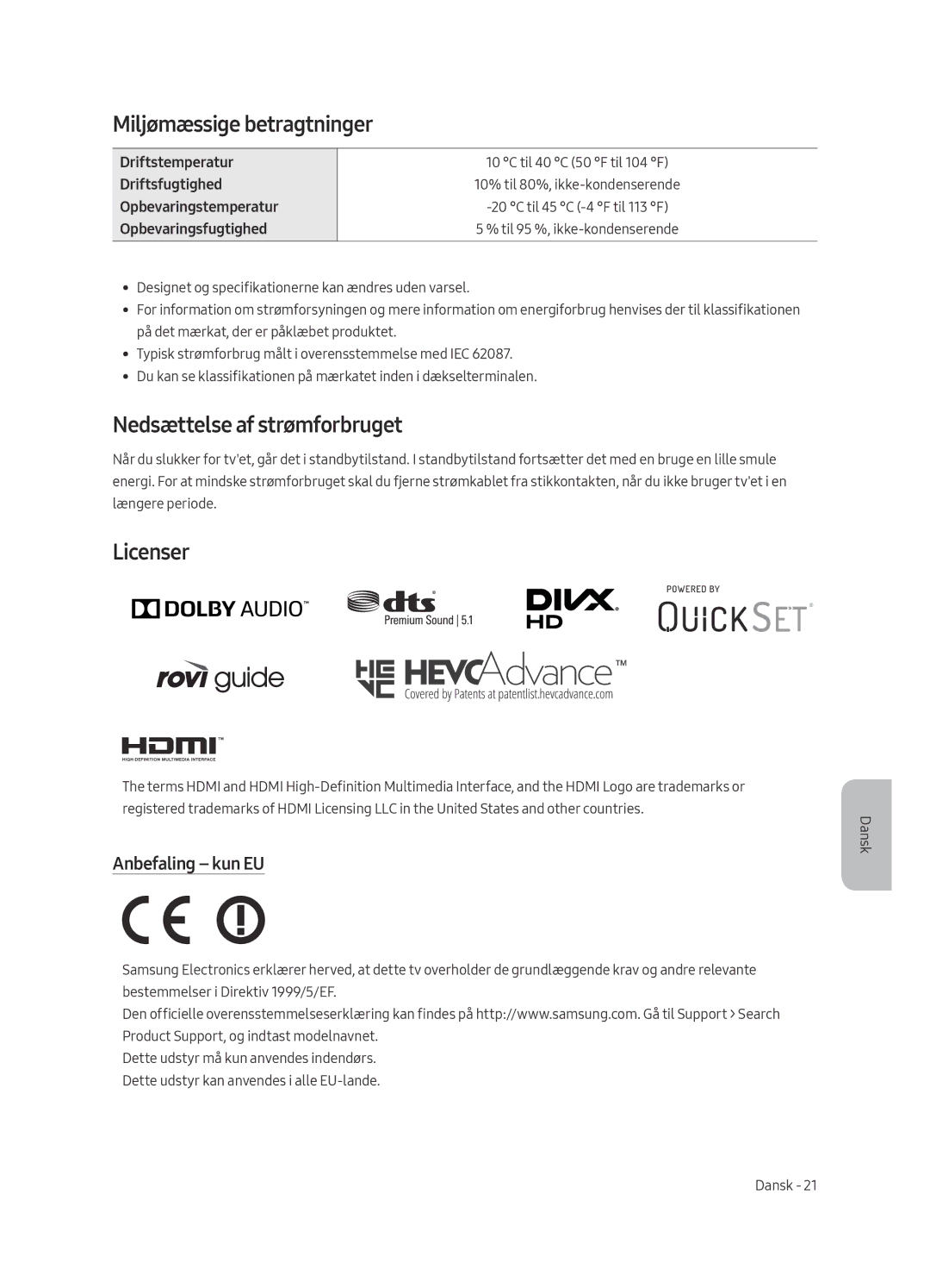 Samsung UE55MU7005TXXC, UE82MU7005TXXC manual Miljømæssige betragtninger, Nedsættelse af strømforbruget, Anbefaling kun EU 