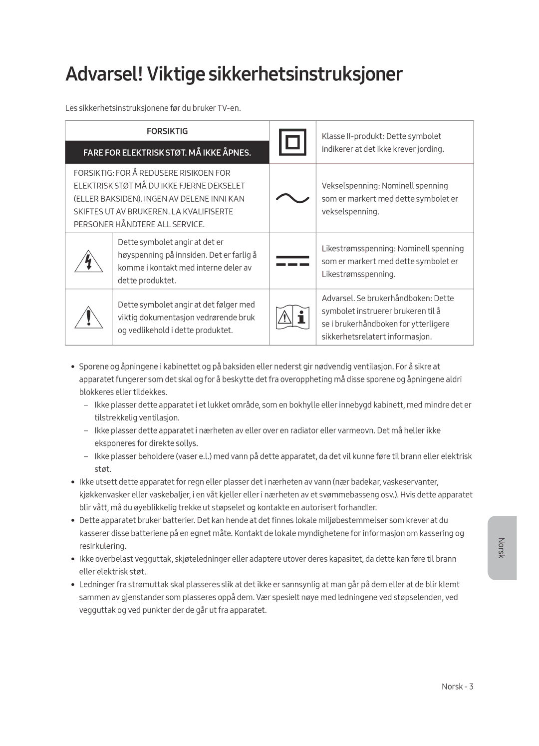 Samsung UE75MU7005TXXC, UE82MU7005TXXC, UE65MU7005TXXC, UE55MU7005TXXC, UE49MU7005TXXC manual Forsiktig 