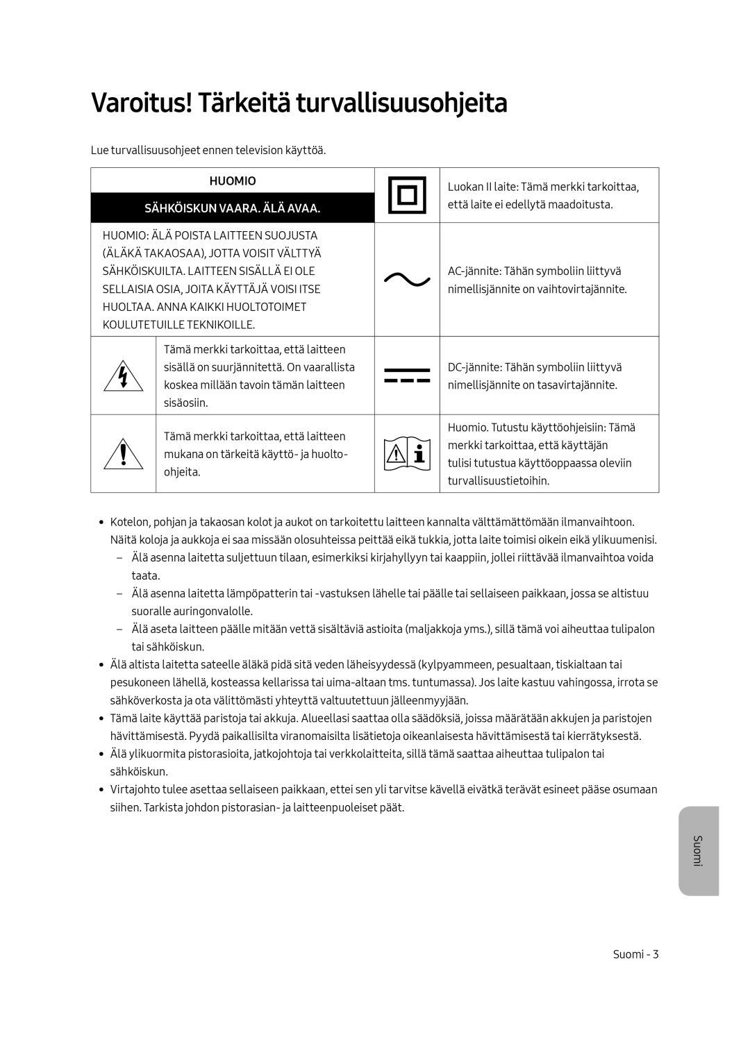 Samsung UE49MU7005TXXC, UE82MU7005TXXC, UE65MU7005TXXC Varoitus! Tärkeitä turvallisuusohjeita, Sähköiskun VAARA. ÄLÄ Avaa 