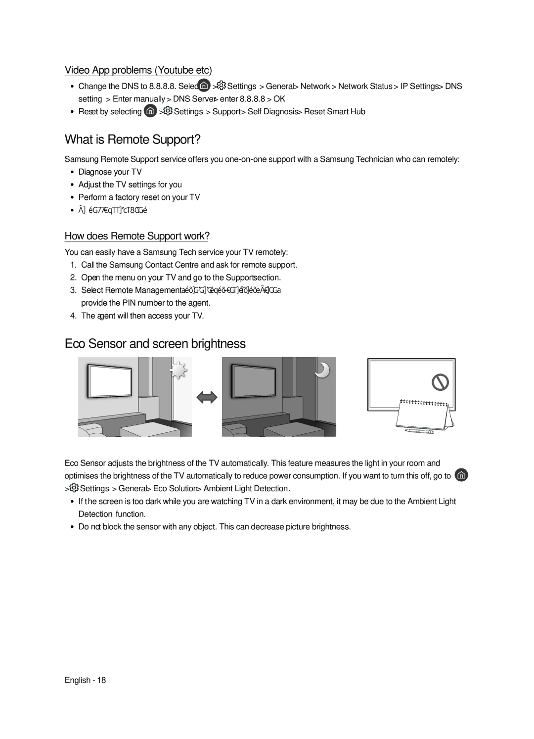 Samsung UE55MU7005TXXC manual What is Remote Support?, Eco Sensor and screen brightness, Video App problems Youtube etc 