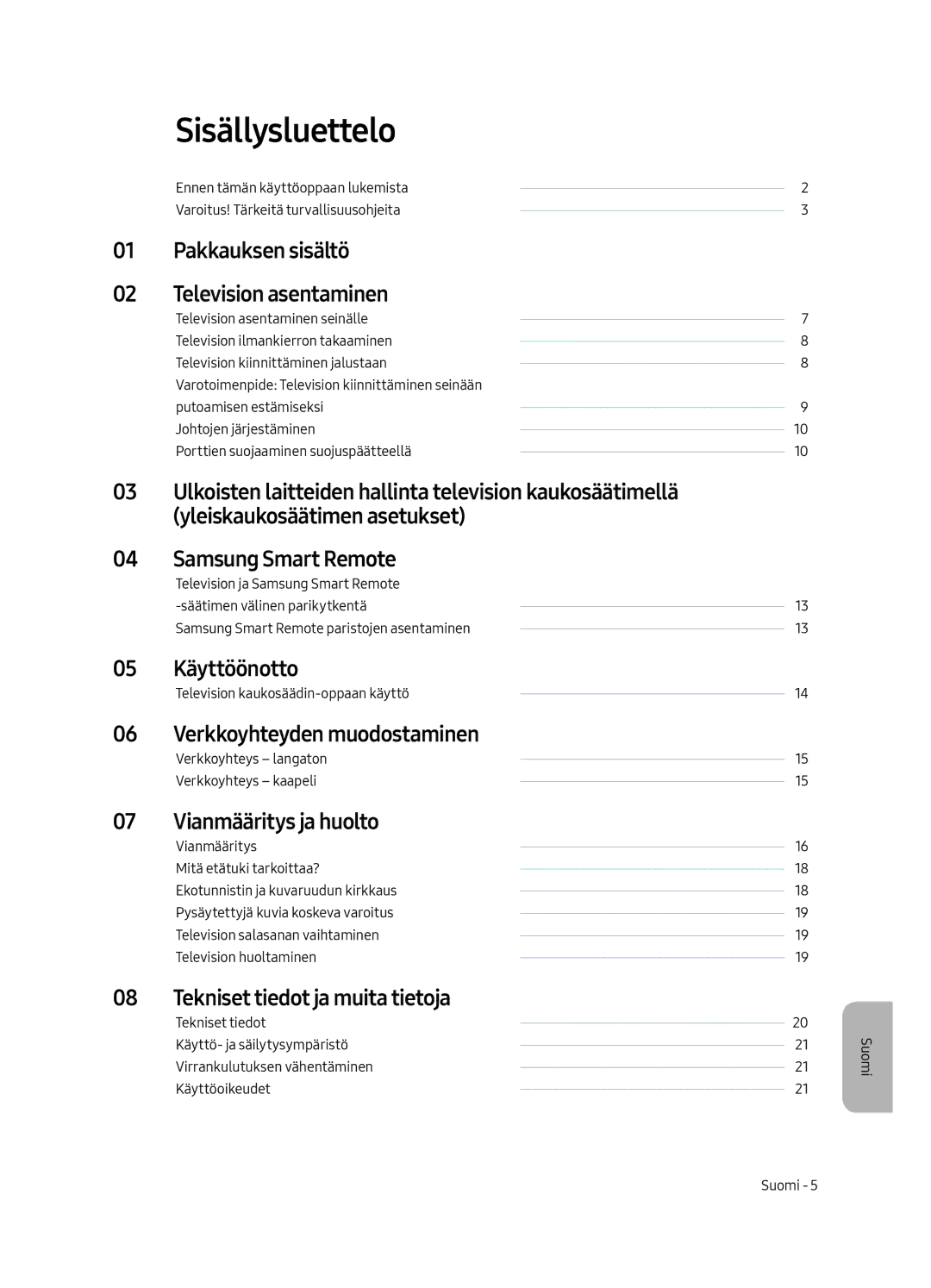 Samsung UE65MU7005TXXC, UE82MU7005TXXC, UE75MU7005TXXC, UE55MU7005TXXC, UE49MU7005TXXC manual Sisällysluettelo 