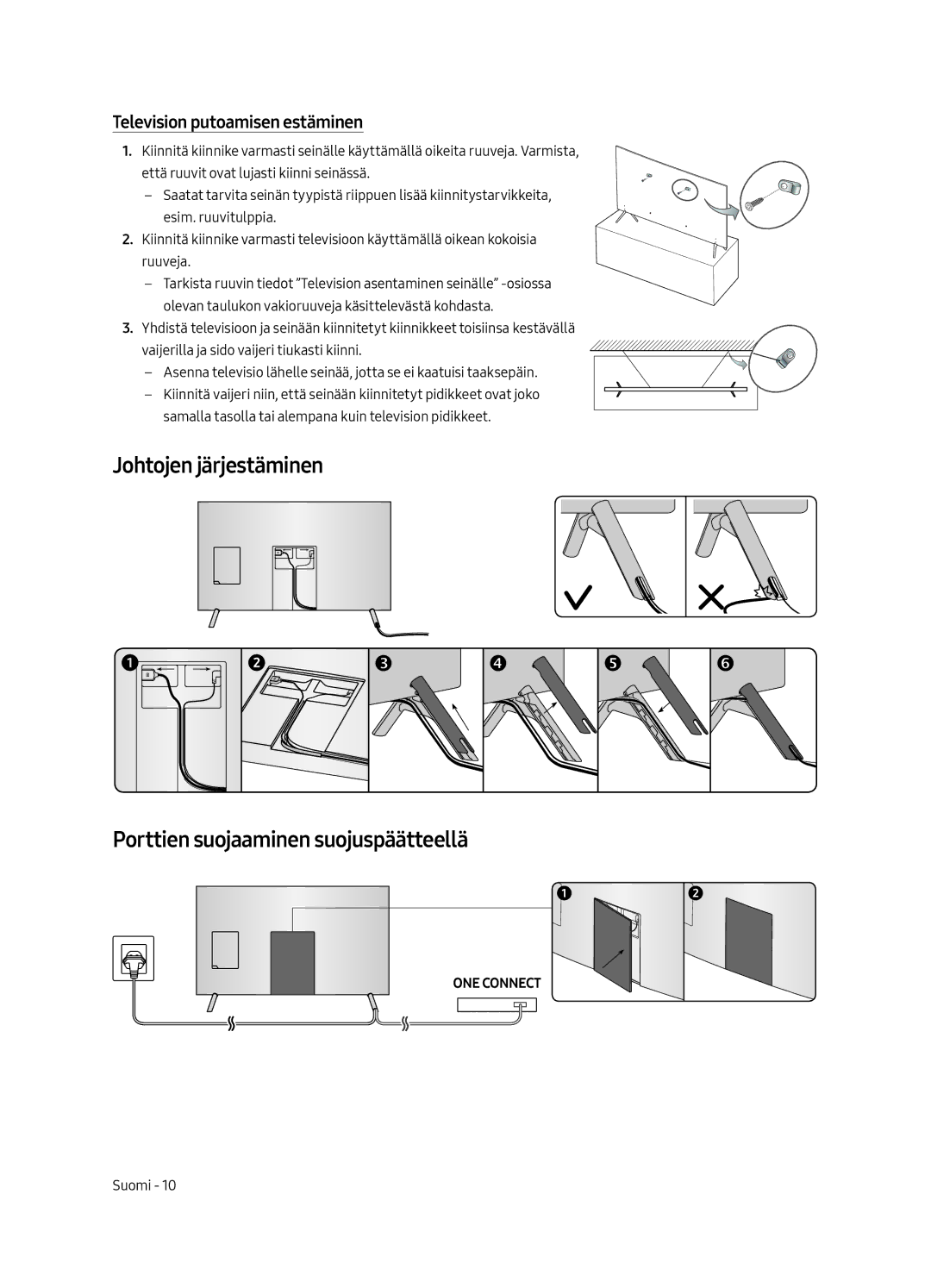 Samsung UE65MU7005TXXC manual Johtojen järjestäminen Porttien suojaaminen suojuspäätteellä, Television putoamisen estäminen 