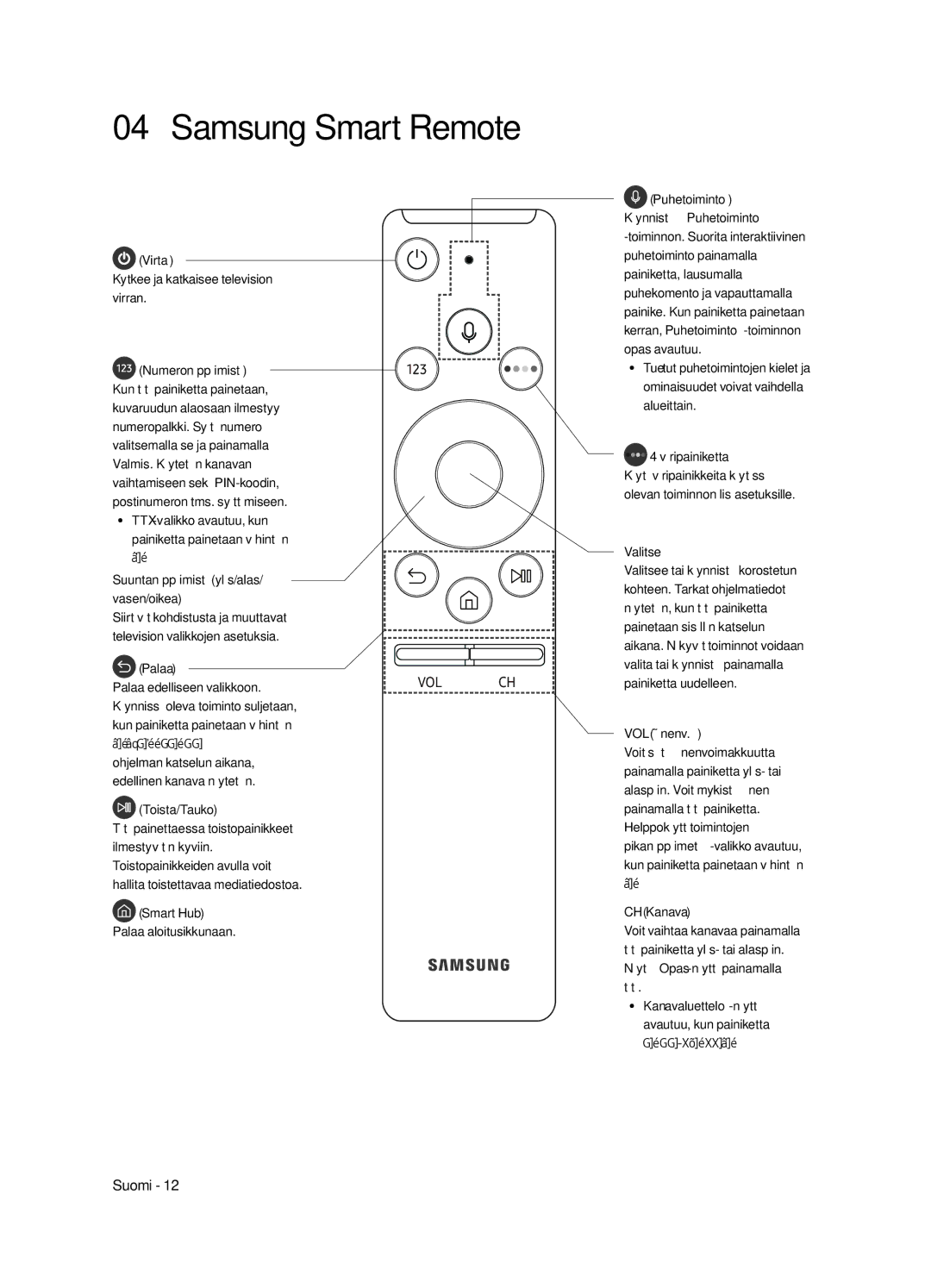 Samsung UE55MU7005TXXC, UE82MU7005TXXC, UE65MU7005TXXC, UE75MU7005TXXC manual Suuntanäppäimistö ylös/alas/ vasen/oikea 