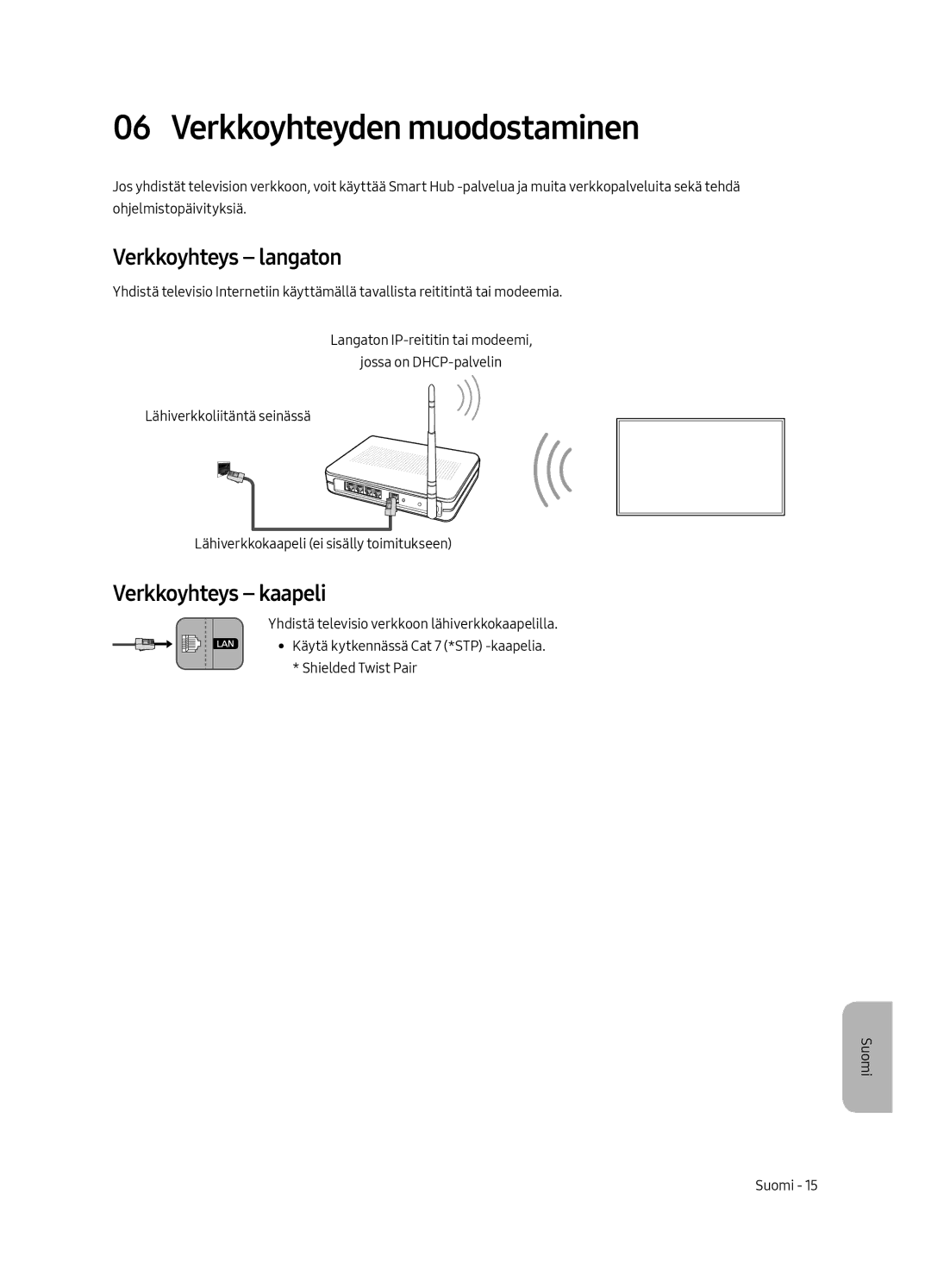 Samsung UE65MU7005TXXC, UE82MU7005TXXC manual Verkkoyhteyden muodostaminen, Verkkoyhteys langaton, Verkkoyhteys kaapeli 