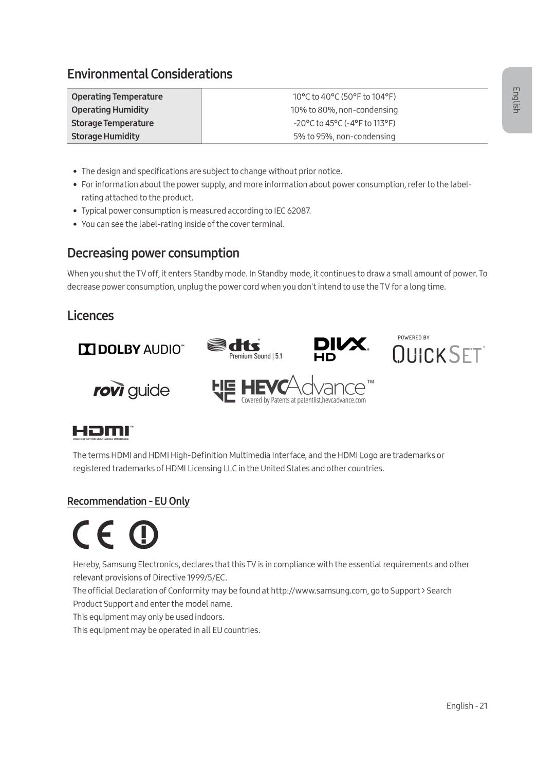 Samsung UE65MU7005TXXC manual Environmental Considerations, Decreasing power consumption, Licences, Recommendation EU Only 