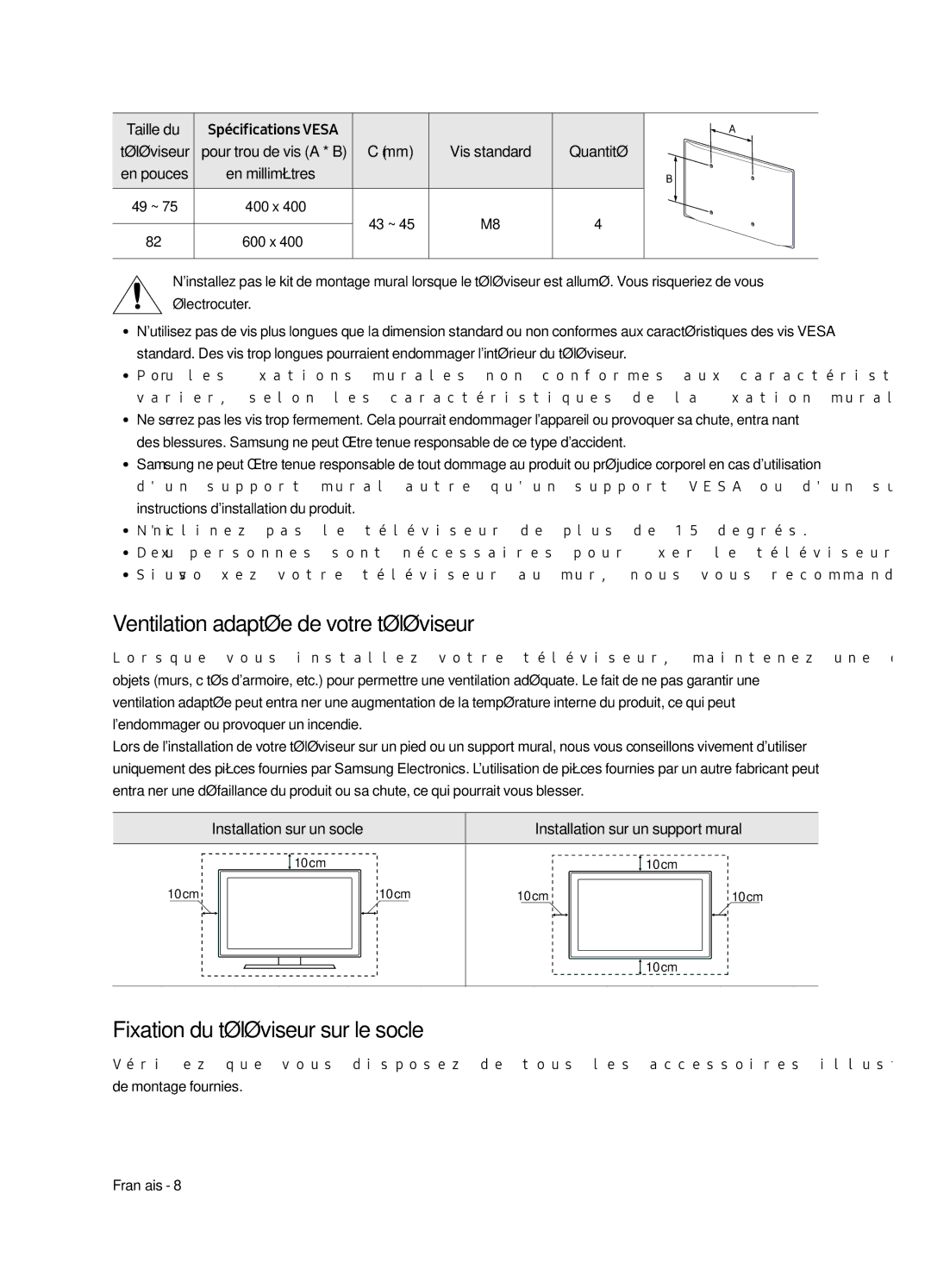 Samsung UE82MU7005TXXC manual Ventilation adaptée de votre téléviseur, Fixation du téléviseur sur le socle, Taille du 