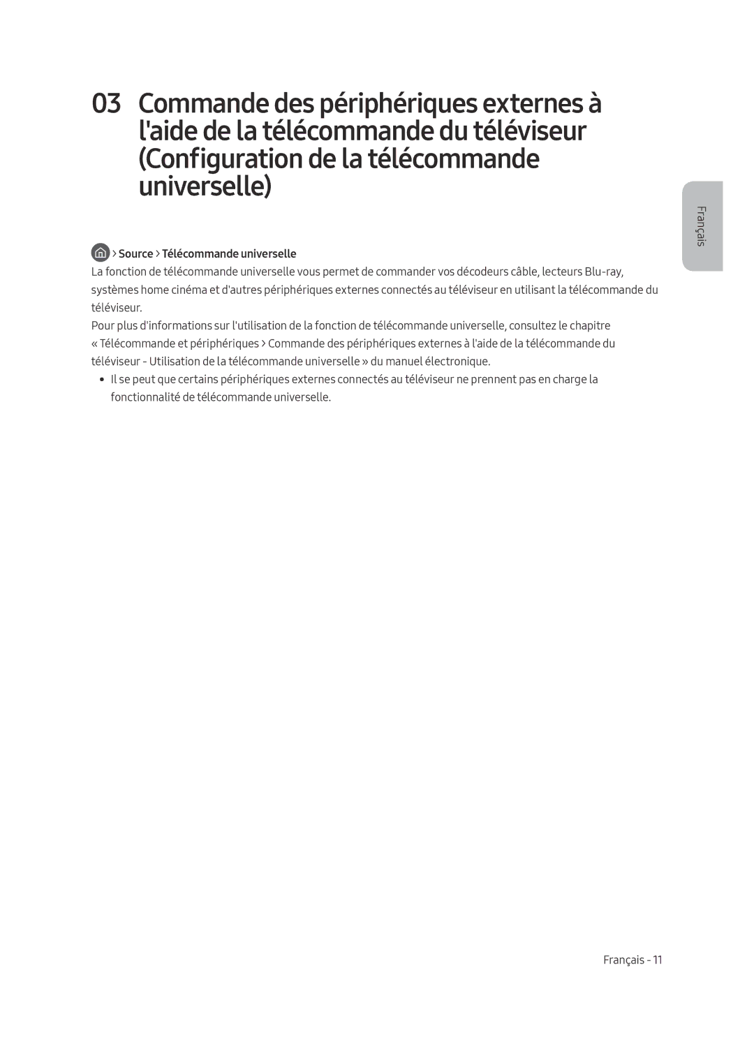 Samsung UE55MU7005TXXC, UE82MU7005TXXC manual Configuration de la télécommande universelle, Source Télécommande universelle 