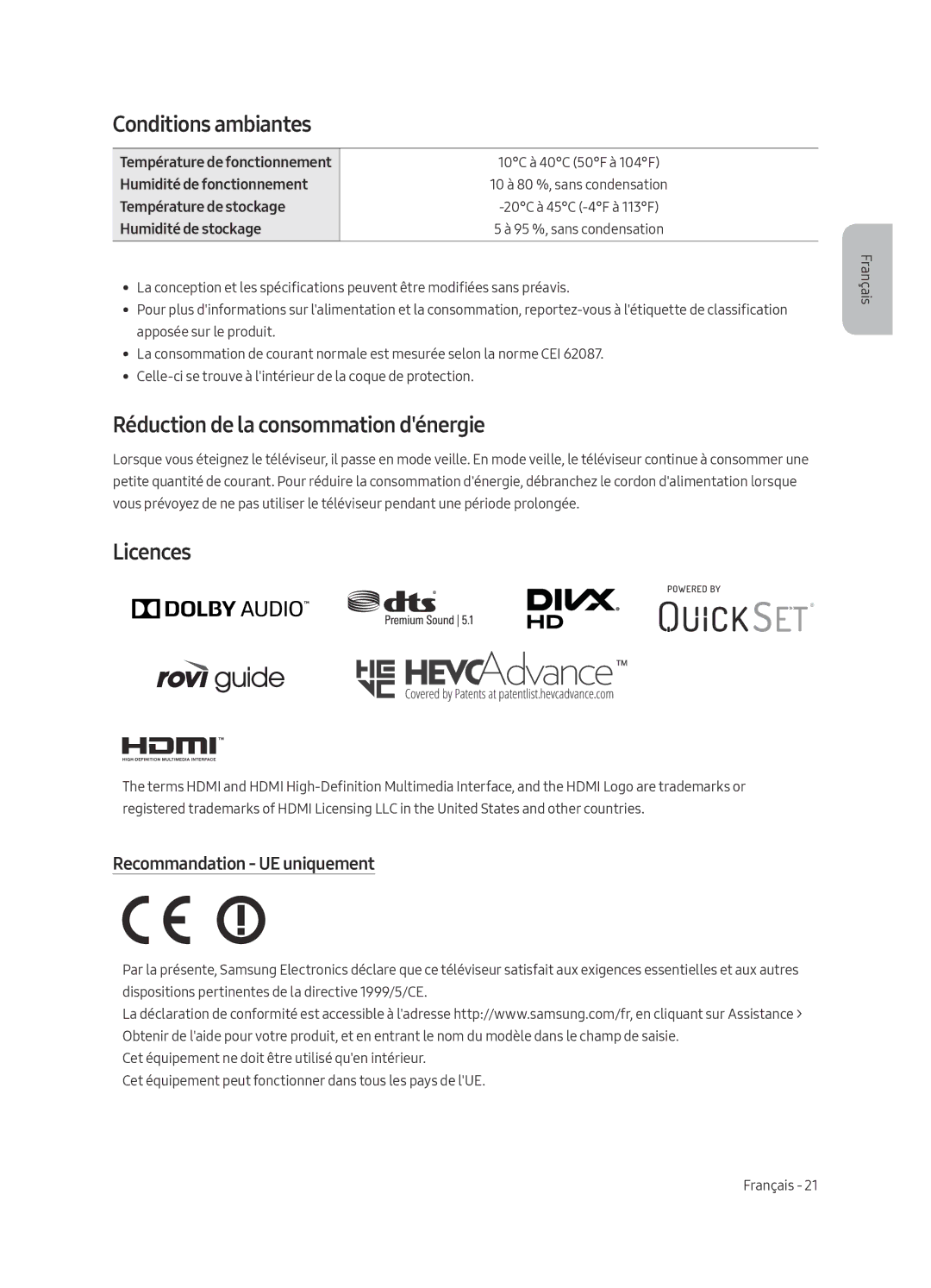 Samsung UE55MU7005TXXC manual Conditions ambiantes, Réduction de la consommation dénergie, Recommandation UE uniquement 