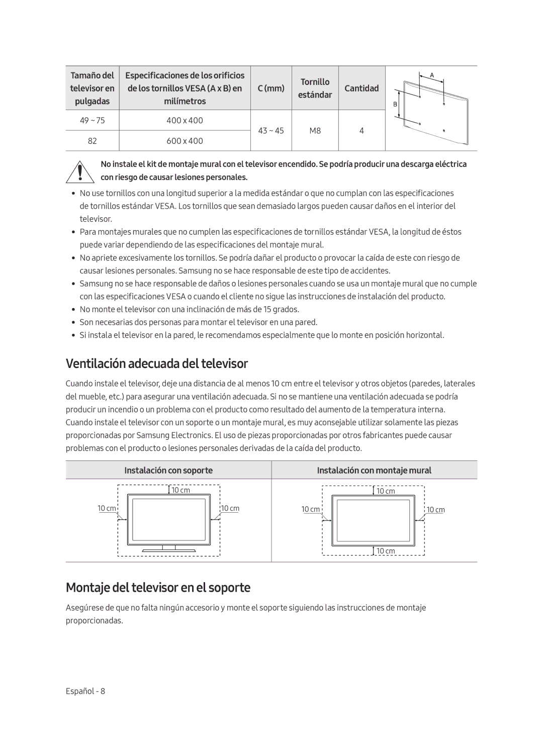 Samsung UE75MU7005TXXC, UE82MU7005TXXC manual Ventilación adecuada del televisor, Montaje del televisor en el soporte 