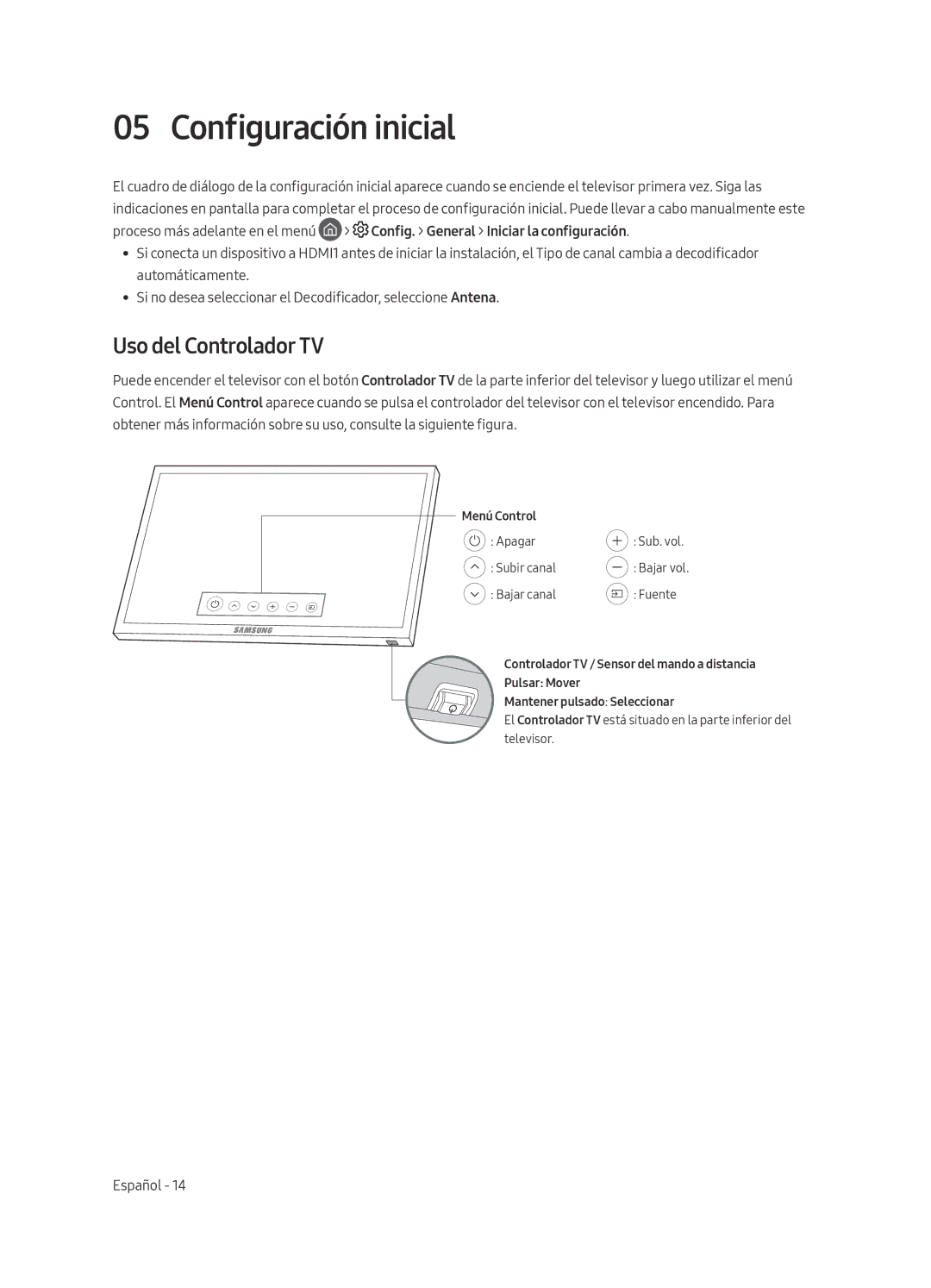 Samsung UE55MU7005TXXC, UE82MU7005TXXC, UE65MU7005TXXC, UE75MU7005TXXC manual Configuración inicial, Uso del Controlador TV 