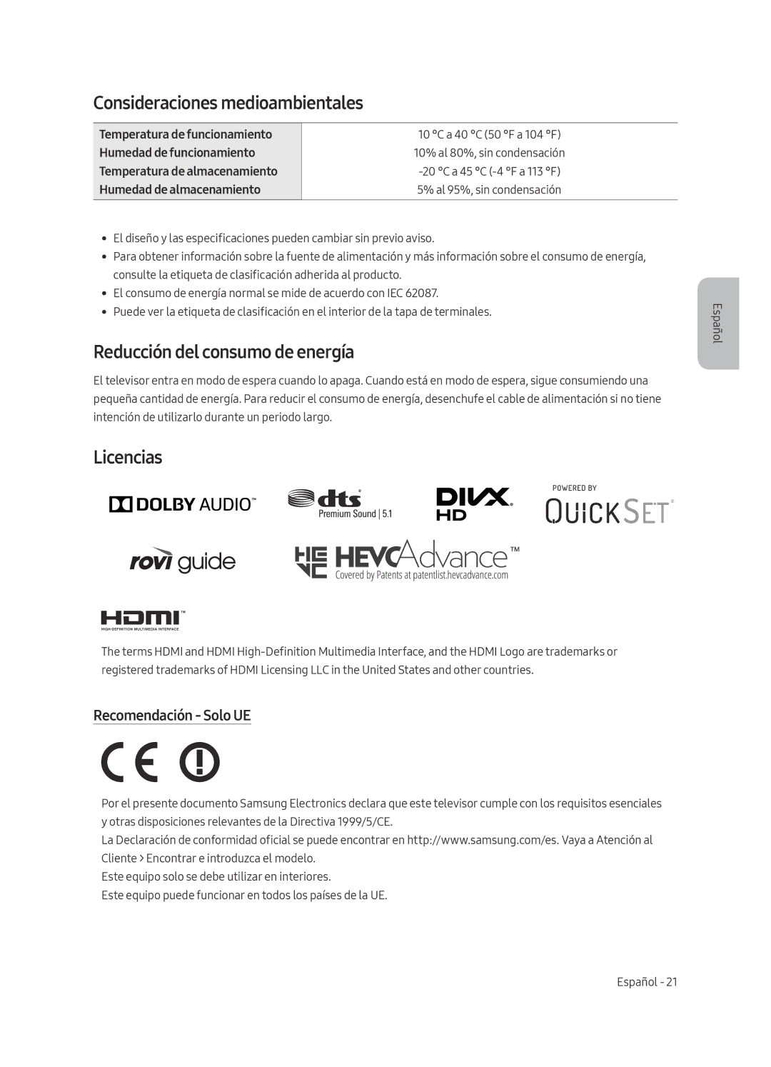 Samsung UE82MU7005TXXC, UE65MU7005TXXC manual Consideraciones medioambientales, Reducción del consumo de energía, Licencias 