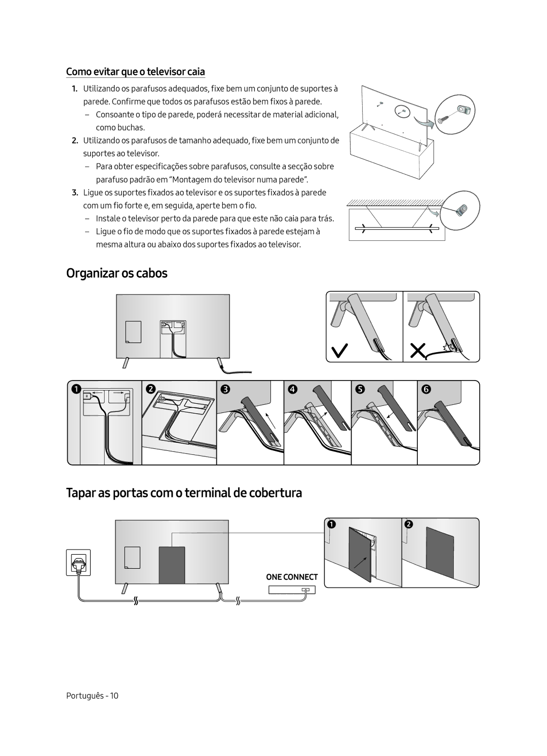 Samsung UE65MU7005TXXC, UE82MU7005TXXC, UE75MU7005TXXC, UE55MU7005TXXC Organizar os cabos, Como evitar que o televisor caia 