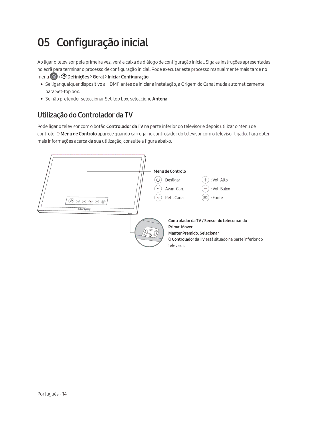 Samsung UE82MU7005TXXC, UE65MU7005TXXC, UE75MU7005TXXC, UE55MU7005TXXC Configuração inicial, Utilização do Controlador da TV 