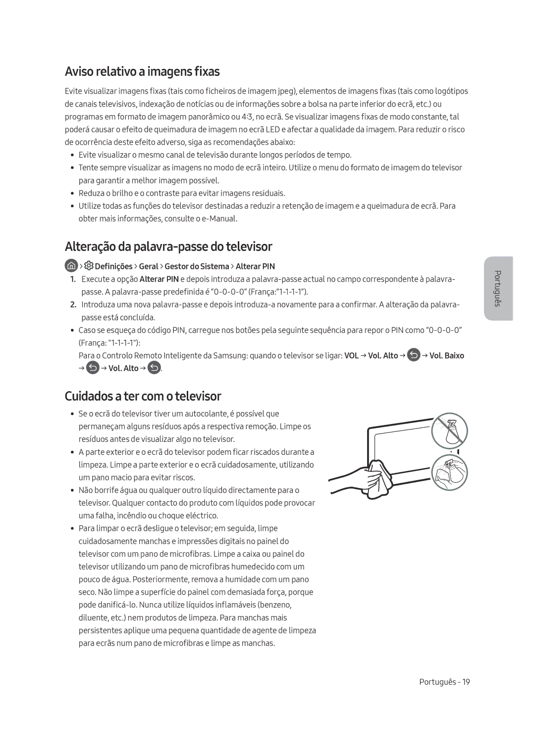 Samsung UE82MU7005TXXC, UE65MU7005TXXC manual Aviso relativo a imagens fixas, Alteração da palavra-passe do televisor 