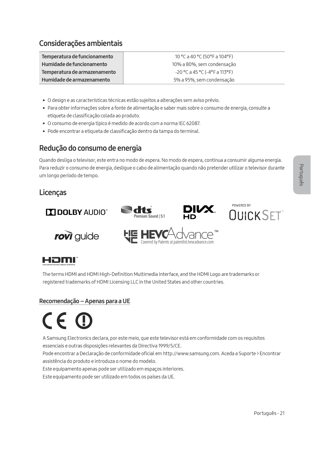 Samsung UE75MU7005TXXC Considerações ambientais, Redução do consumo de energia, Licenças, Recomendação Apenas para a UE 