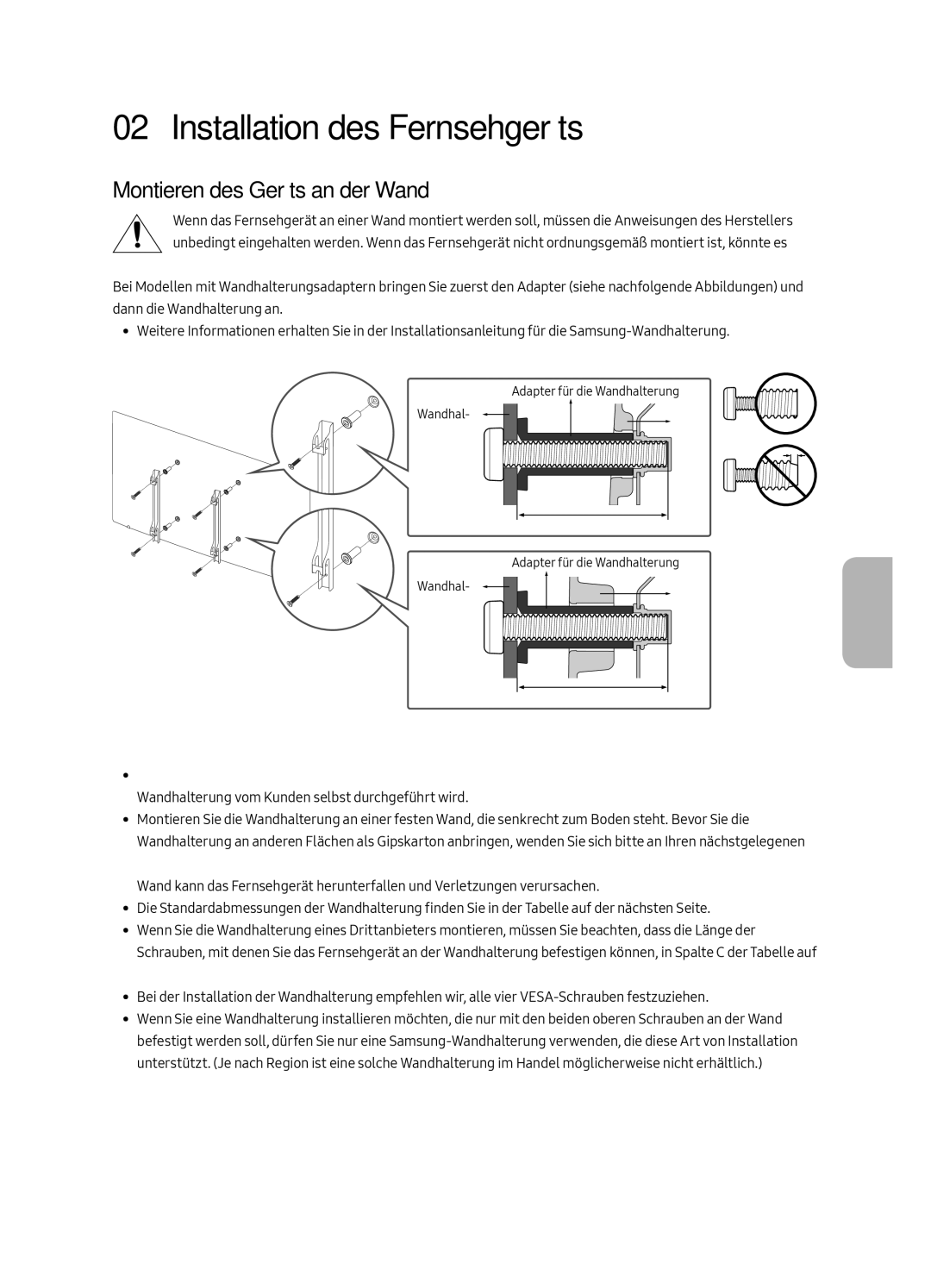 Samsung UE82MU7005TXXC, UE65MU7005TXXC, UE75MU7005TXXC Installation des Fernsehgeräts, Montieren des Geräts an der Wand 