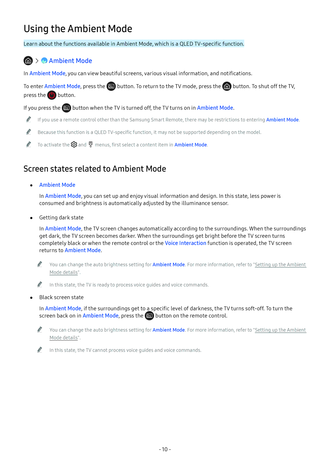 Samsung UE65NU7459UXZG, UE82NU8009TXZG, UE65NU8509TXZG manual Using the Ambient Mode, Screen states related to Ambient Mode 