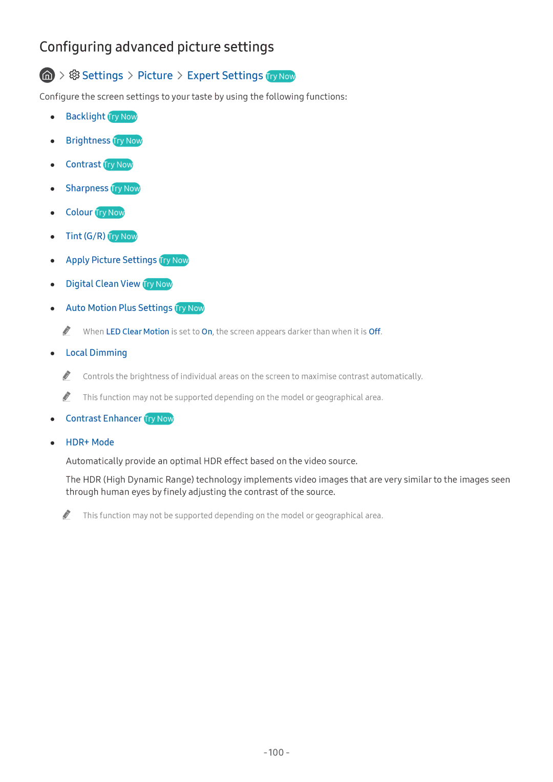 Samsung UE58MU6120KXXU Configuring advanced picture settings, Settings Picture Expert Settings Try Now, Local Dimming, 100 