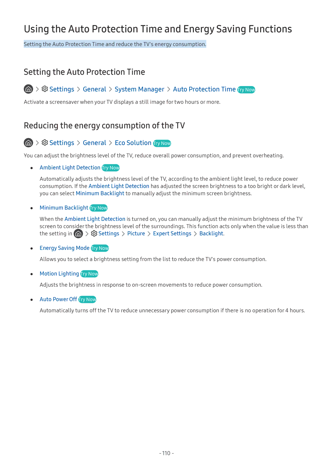 Samsung UE65NU7102KXXH Using the Auto Protection Time and Energy Saving Functions, Setting the Auto Protection Time, 110 