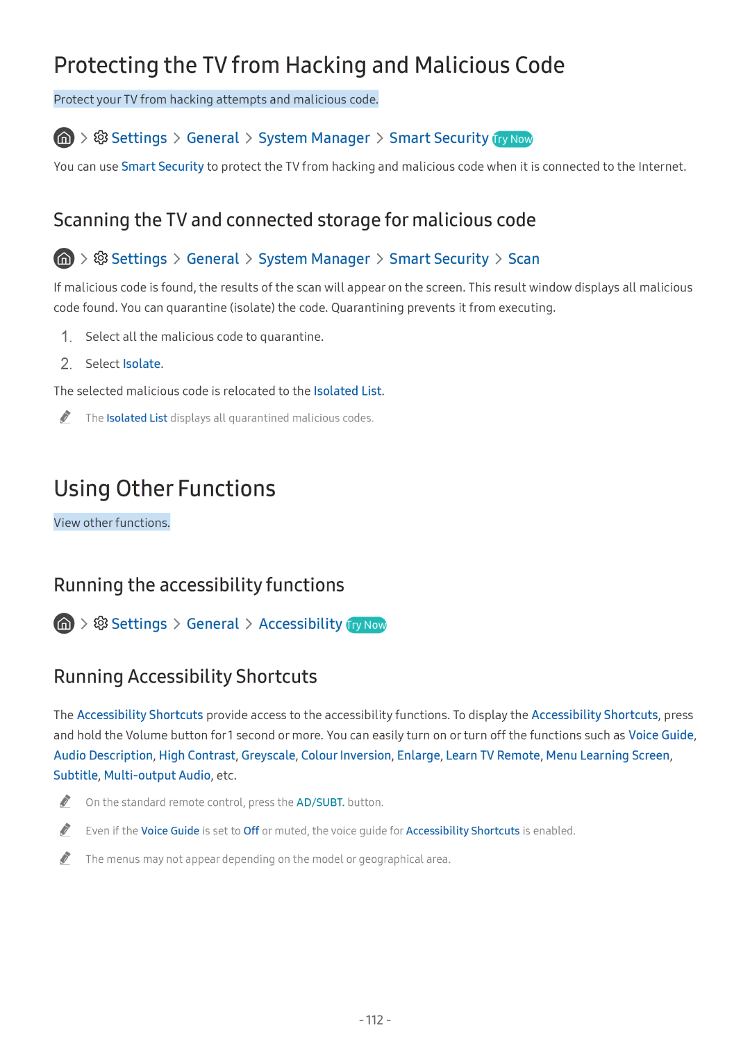 Samsung UE49NU8055TXXC, UE82NU8009TXZG manual Protecting the TV from Hacking and Malicious Code, Using Other Functions 