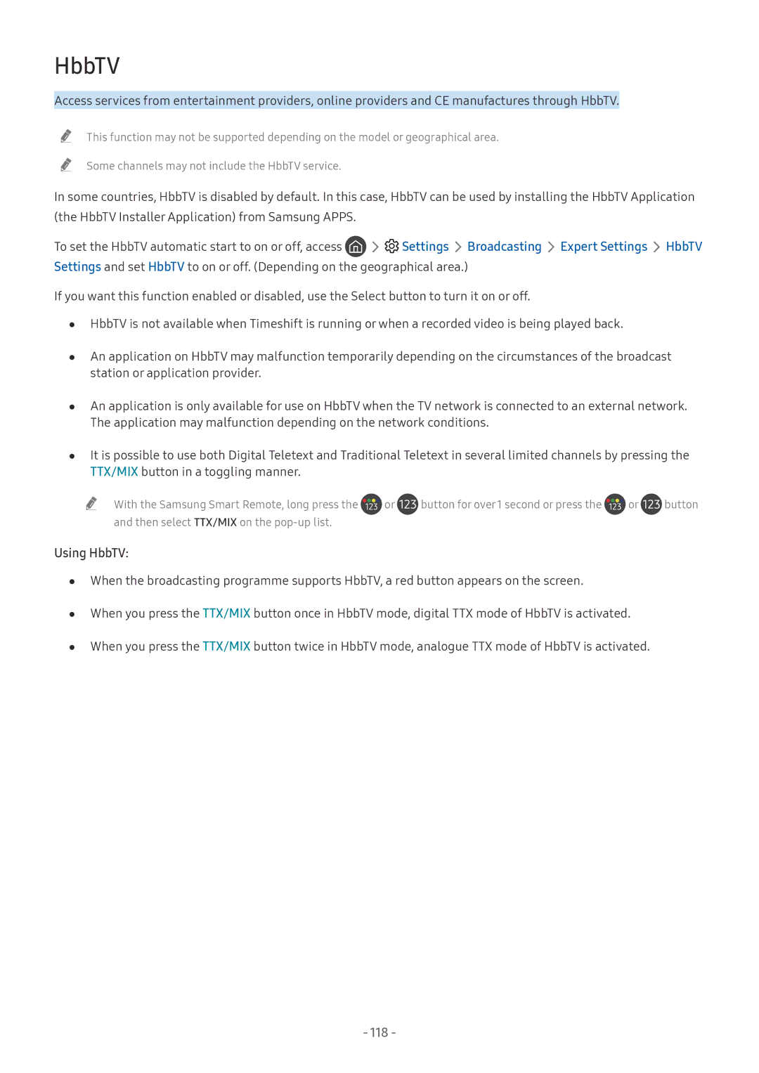 Samsung UE55NU8000TXXU, UE82NU8009TXZG, UE65NU8509TXZG, UE55NU8059TXZG Settings Broadcasting Expert Settings HbbTV, 118 
