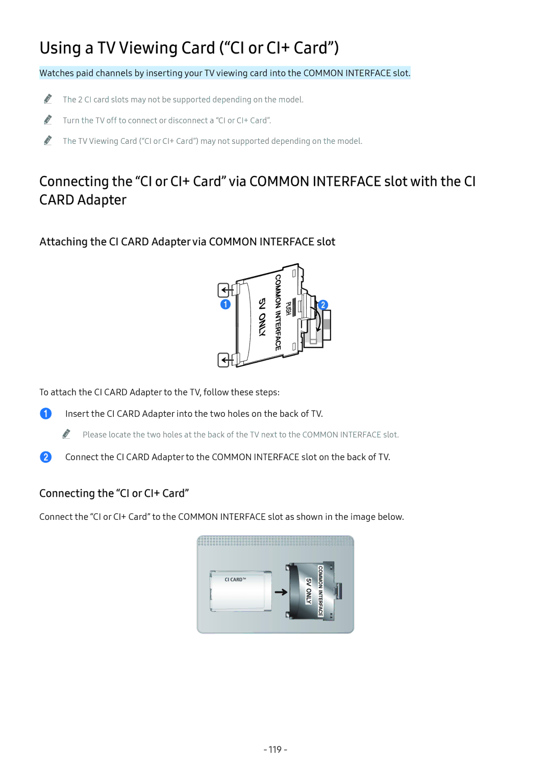 Samsung UE55NU8000LXXN Using a TV Viewing Card CI or CI+ Card, Attaching the CI Card Adapter via Common Interface slot 