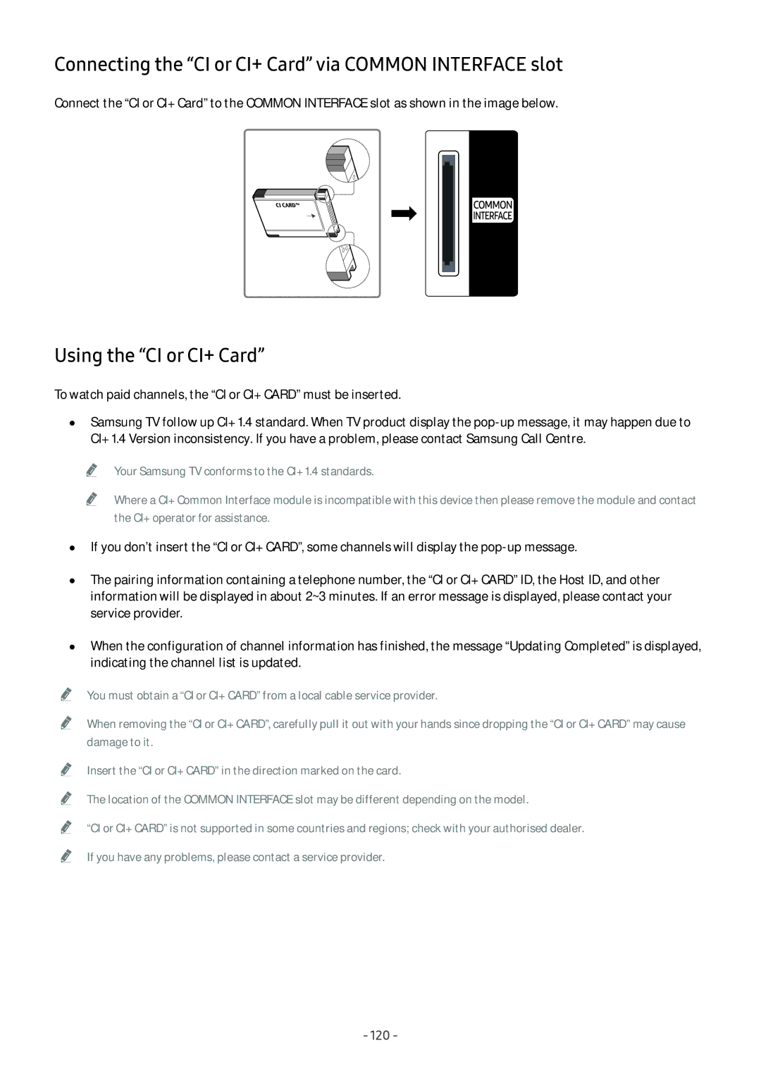 Samsung UE55NU7102KXXH manual Connecting the CI or CI+ Card via Common Interface slot, Using the CI or CI+ Card, 120 