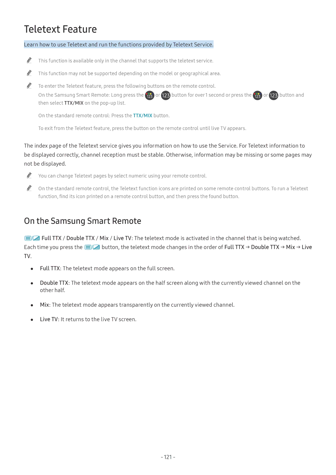 Samsung UE55NU7100KXXU, UE82NU8009TXZG, UE65NU8509TXZG, UE55NU8059TXZG Teletext Feature, On the Samsung Smart Remote, 121 
