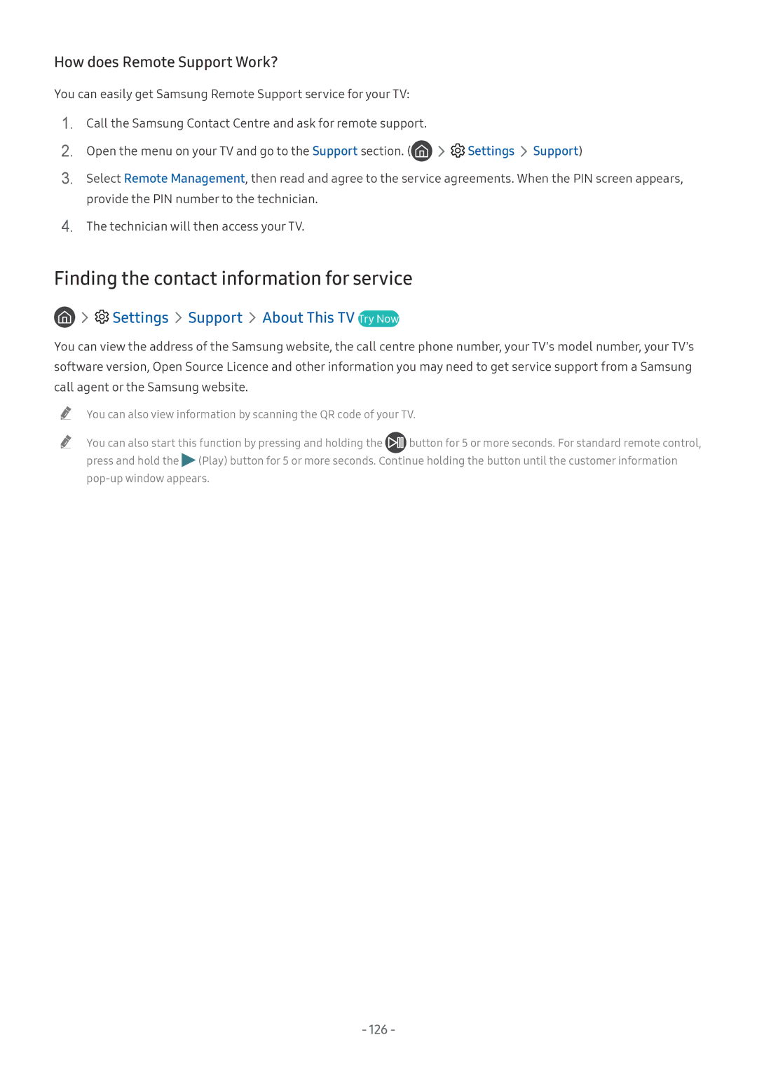 Samsung QE75Q7FNALXXN, UE82NU8009TXZG, UE65NU8509TXZG, UE55NU8059TXZG, UE65NU8009TXZG manual How does Remote Support Work?, 126 