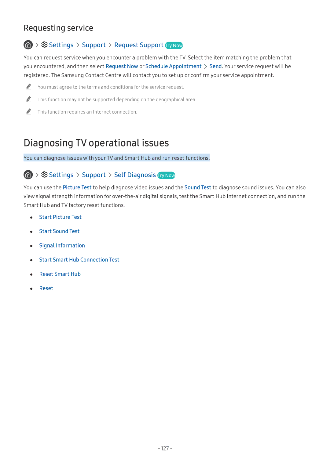 Samsung UE65NU8050LXXN, UE82NU8009TXZG manual Diagnosing TV operational issues, Settings Support Self Diagnosis Try Now, 127 