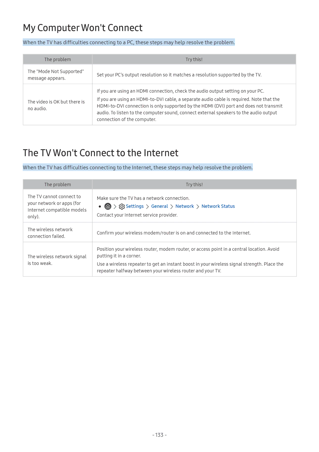 Samsung UE65NU7470UXXU, UE82NU8009TXZG, UE65NU8509TXZG manual My Computer Wont Connect, TV Wont Connect to the Internet, 133 