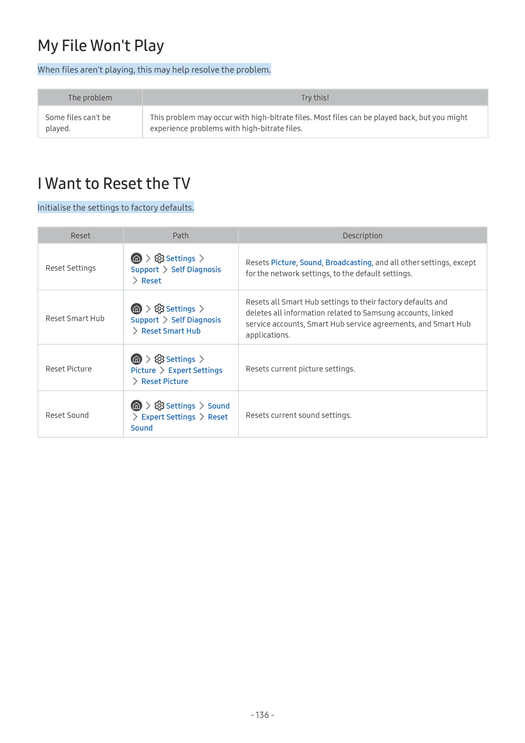 Samsung UE55NU8040TXZG, UE82NU8009TXZG, UE65NU8509TXZG, UE55NU8059TXZG manual My File Wont Play, Want to Reset the TV, 136 