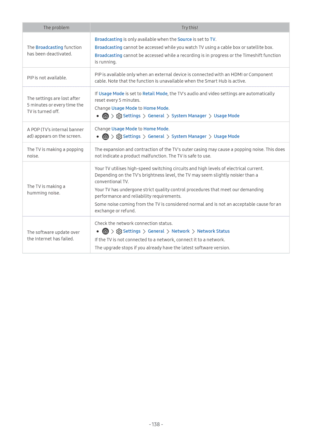 Samsung UE75NU7170SXXN, UE82NU8009TXZG manual 138, Broadcasting function, Settings General System Manager Usage Mode 