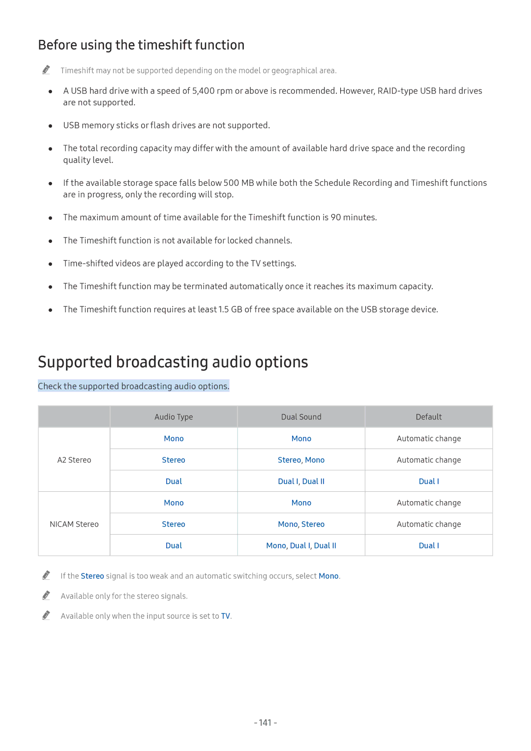 Samsung UE65NU7170SXXN, QE55Q8CNATXXC Supported broadcasting audio options, Before using the timeshift function, 141, Dual 