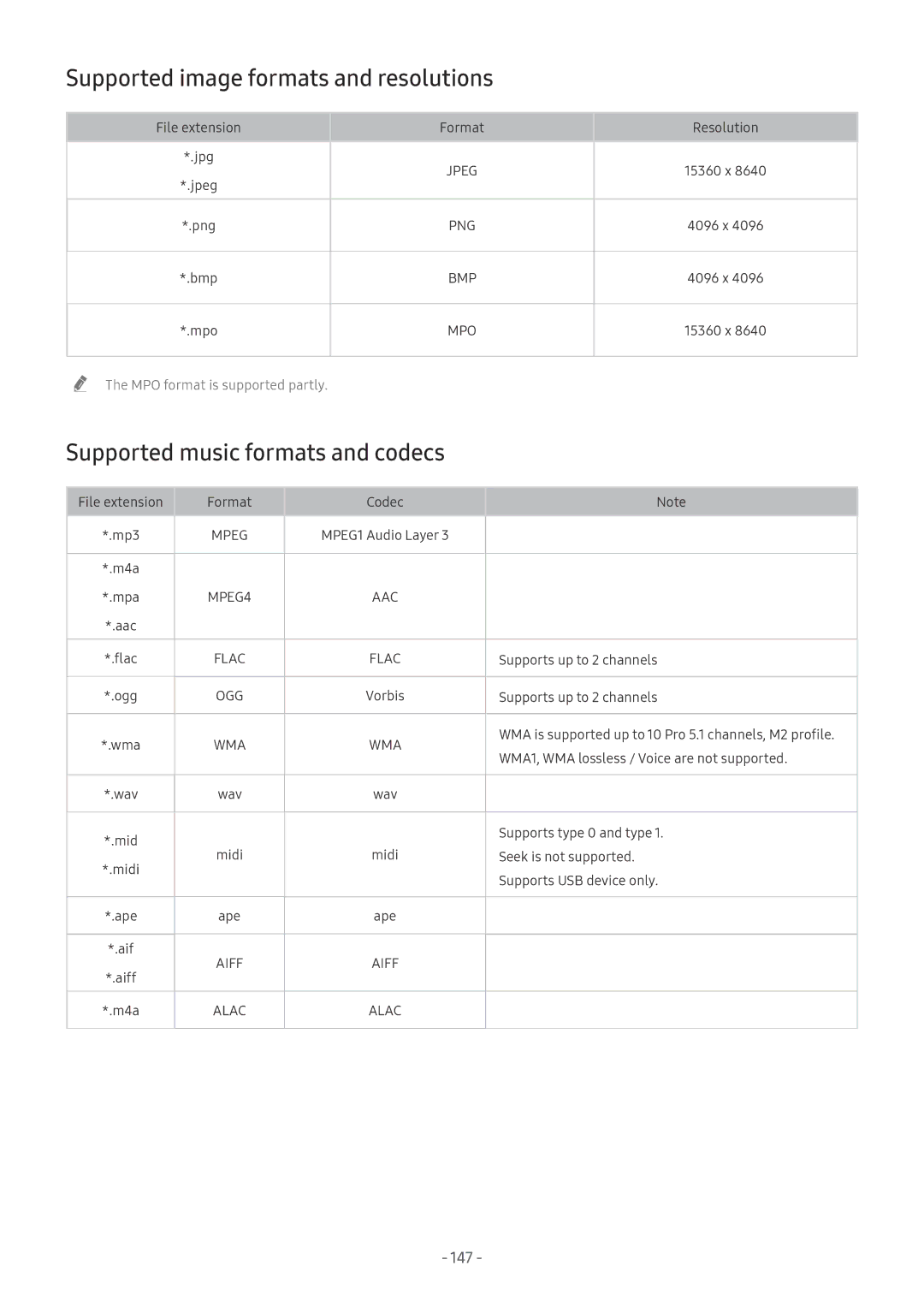 Samsung UE55NU7100WXXN, UE82NU8009TXZG Supported image formats and resolutions, Supported music formats and codecs, 147 