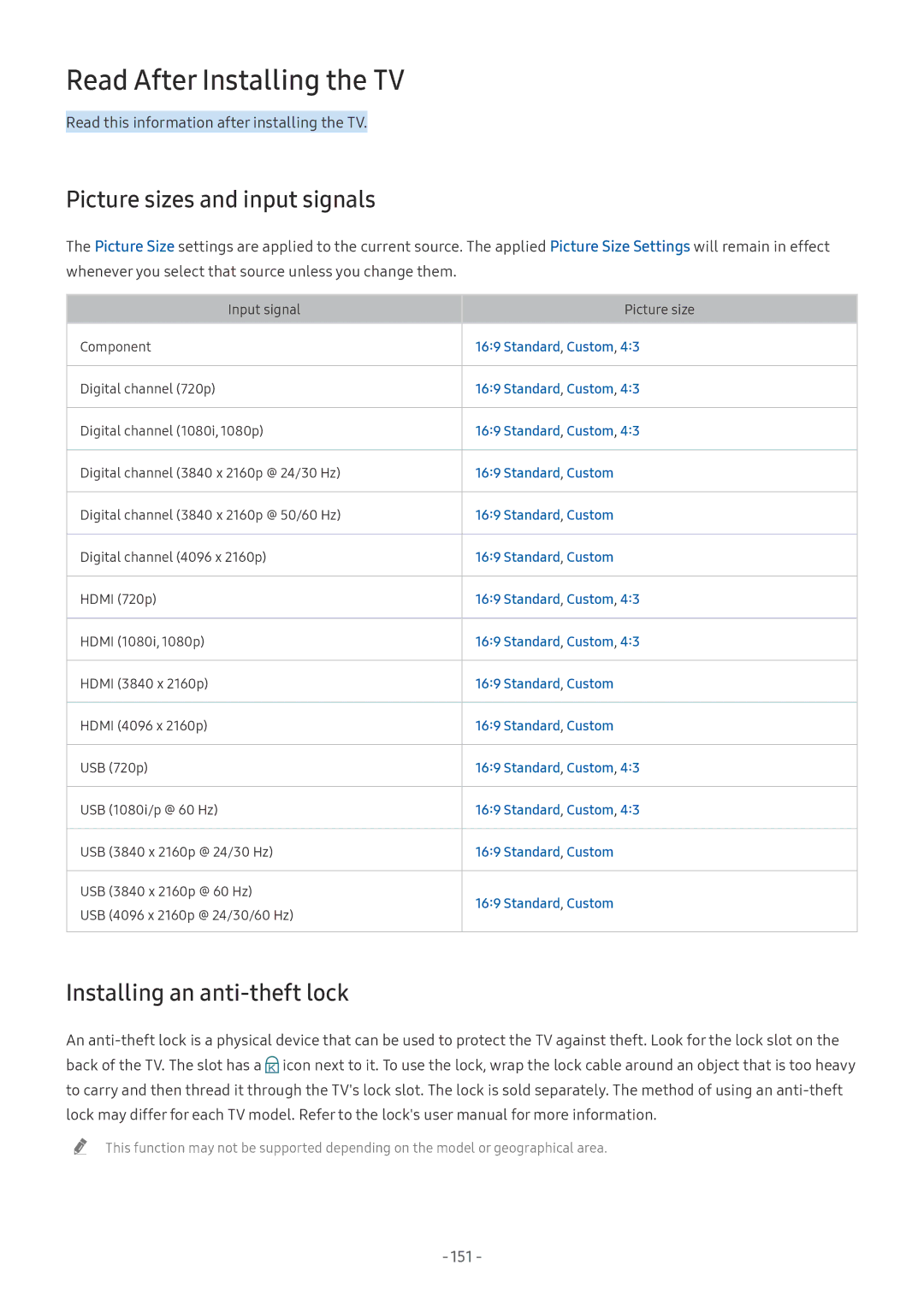 Samsung QE55Q9FNALXXN Read After Installing the TV, Picture sizes and input signals, Installing an anti-theft lock, 151 