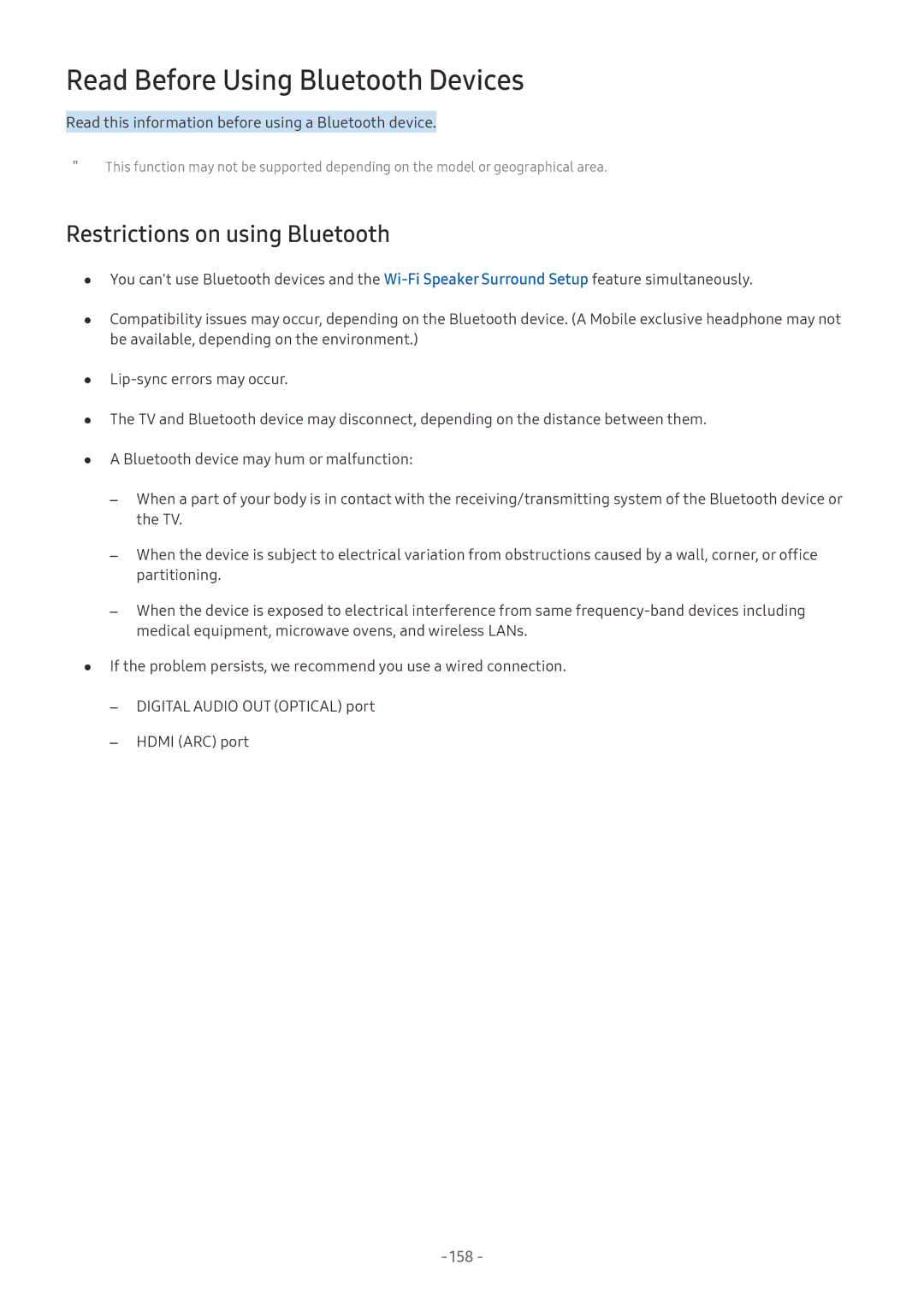 Samsung UE55NU8070LXXN, UE82NU8009TXZG manual Read Before Using Bluetooth Devices, Restrictions on using Bluetooth, 158 