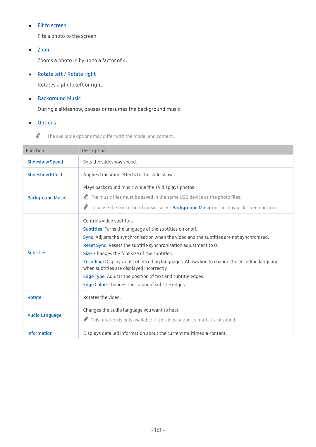 Samsung UE49NU8040TXZG, UE82NU8009TXZG, UE65NU8509TXZG, UE55NU8059TXZG, UE65NU8009TXZG manual Fit to screen, Zoom, Options, 161 