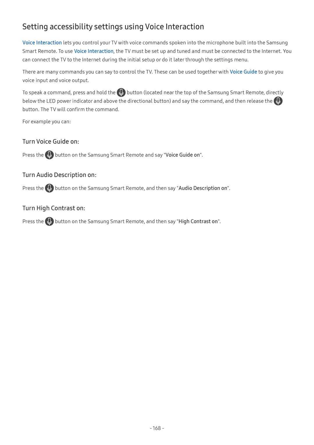 Samsung UE65NU7470SXXN Setting accessibility settings using Voice Interaction, Turn Voice Guide on, Turn High Contrast on 