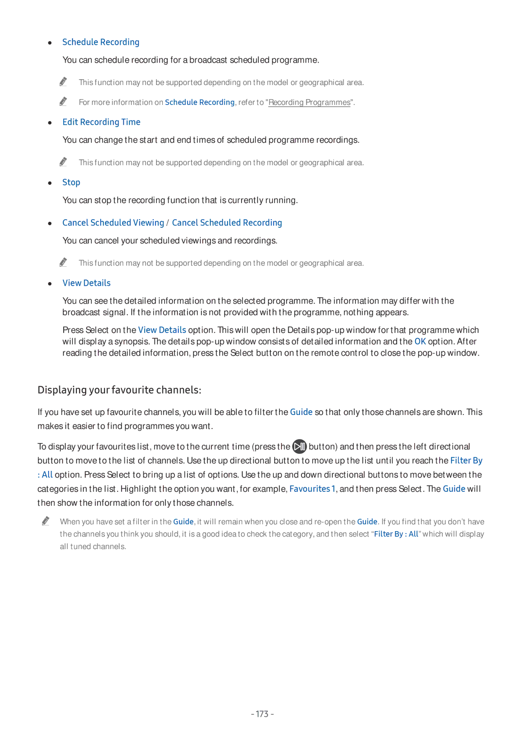 Samsung UE49NU8070LXXN, UE82NU8009TXZG Displaying your favourite channels, Schedule Recording, Stop, View Details, 173 