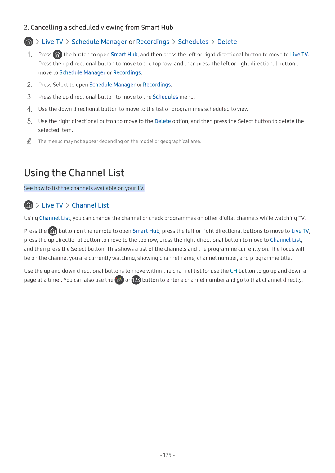 Samsung QE65Q8CNALXXN Cancelling a scheduled viewing from Smart Hub, Schedule Manager or Recordings Schedules Delete, 175 