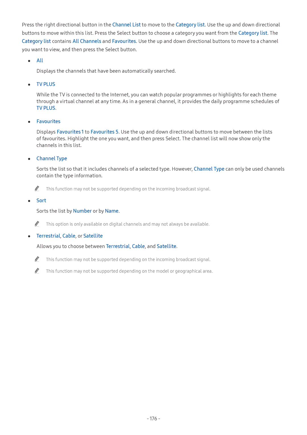 Samsung UE55NU8050LXXN, UE82NU8009TXZG, UE65NU8509TXZG, UE55NU8059TXZG, UE65NU8009TXZG, UE55NU8009TXZG manual Favourites, 176 