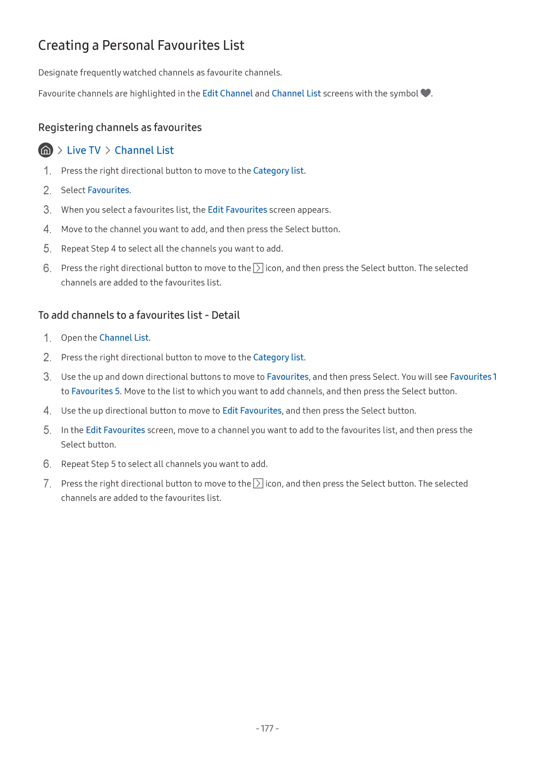 Samsung UE55NU8050TXZG Creating a Personal Favourites List, Registering channels as favourites, Open the Channel List, 177 