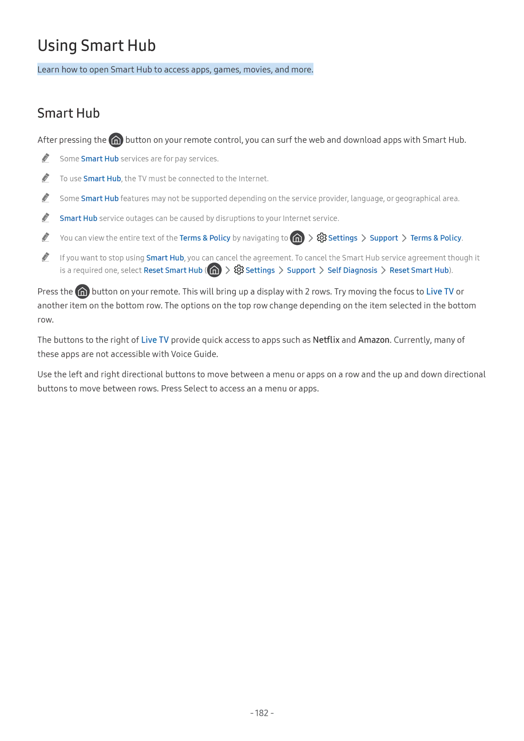 Samsung UE65NU7400SXXN, UE82NU8009TXZG, UE65NU8509TXZG, UE55NU8059TXZG manual Smart Hub, 182, Settings Support Terms & Policy 