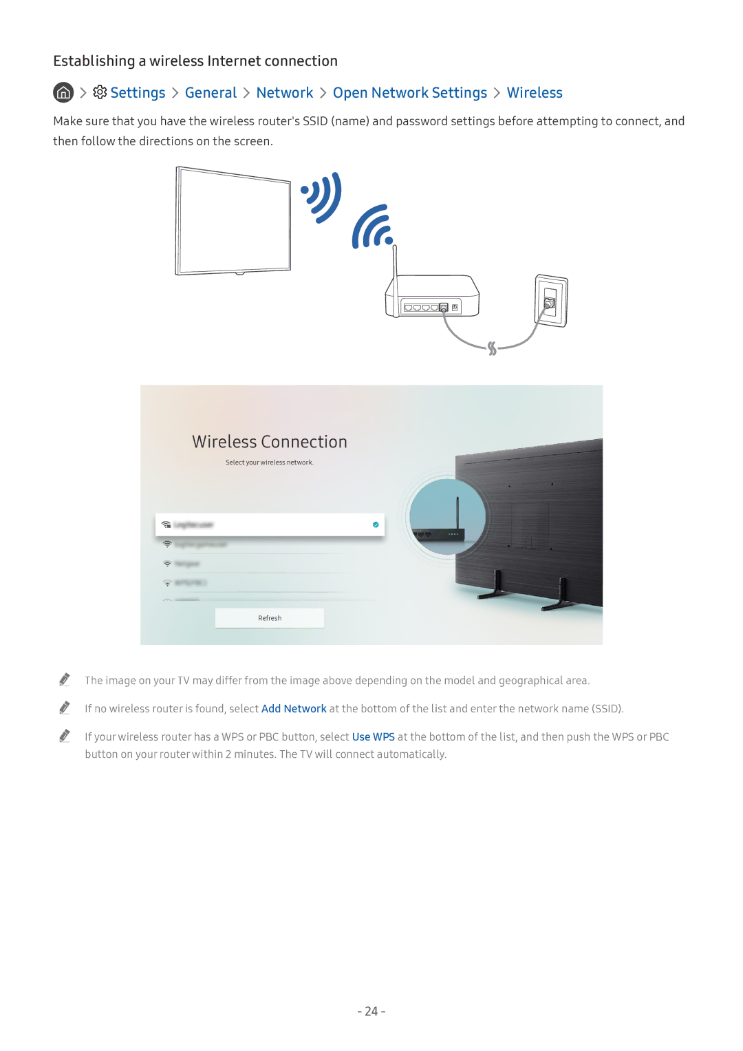 Samsung UE55NU8005TXXC, UE82NU8009TXZG, UE65NU8509TXZG, UE55NU8059TXZG manual Establishing a wireless Internet connection 