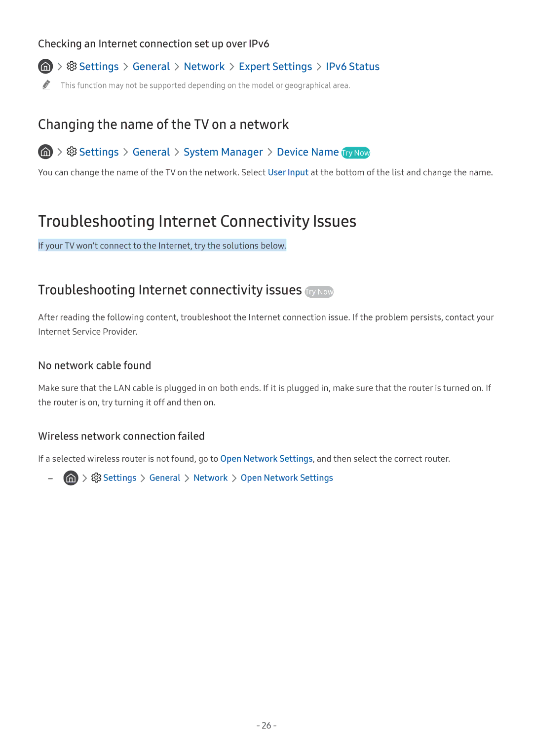 Samsung QE65Q6FAMTXXC manual Troubleshooting Internet Connectivity Issues, Changing the name of the TV on a network 